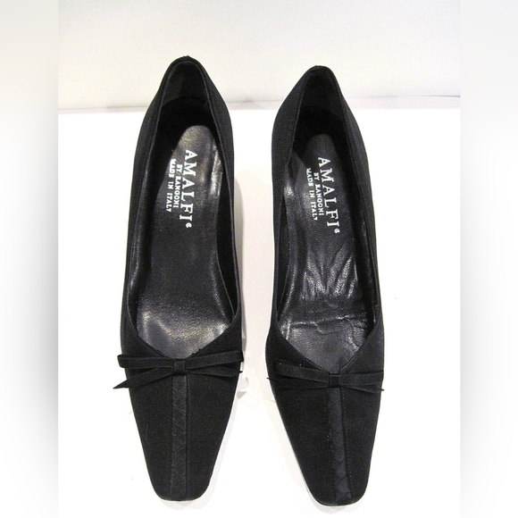 Amalfi Shoes - Amalfi by Rangoni Black Satin Patent Leather Pump Bow Accent Kitten Heels Size 8